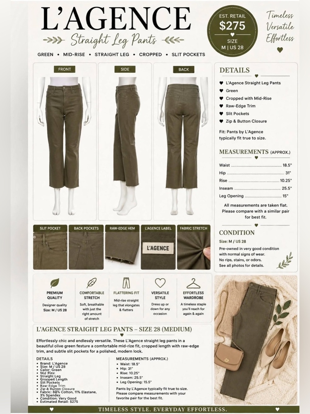 #0292 L'AGENCE Olive Green Straight Leg Pants